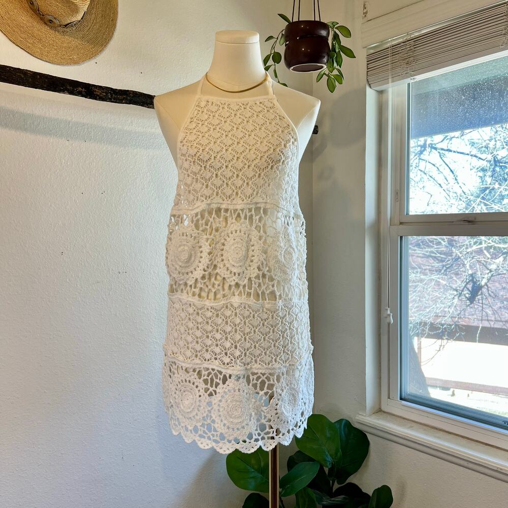 Hollister White Crochet Sheer Halter Open Back Mini Dress Size XXS NEW with Tags